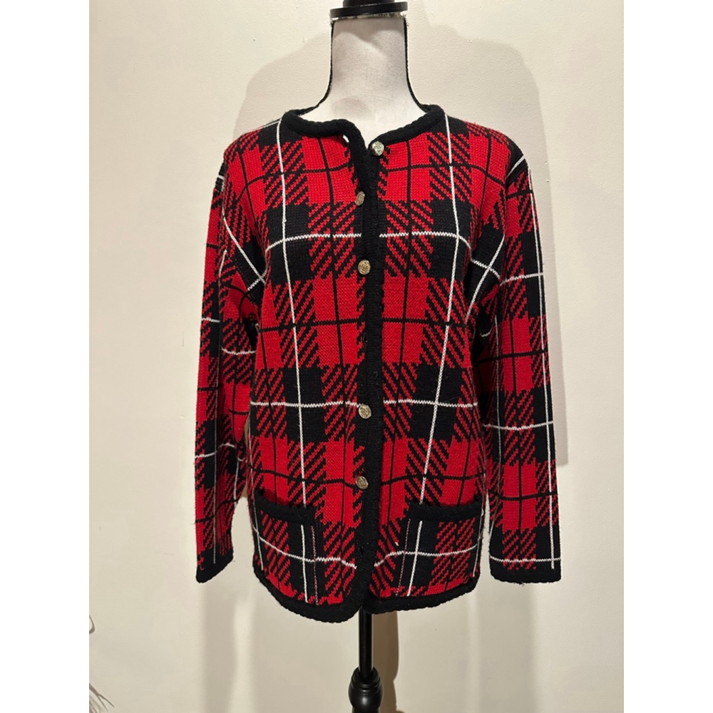 Vintage Tally Ho Plaid Cardigan | 90s Preppy Knit Sweater | Red Black M